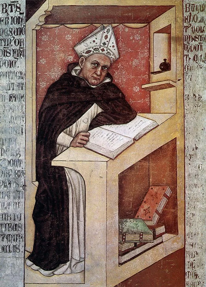 Albertus Magnus als Bischof am Lesepult, Fresko von Tommaso da Modena (1352), San Nicolò in Treviso