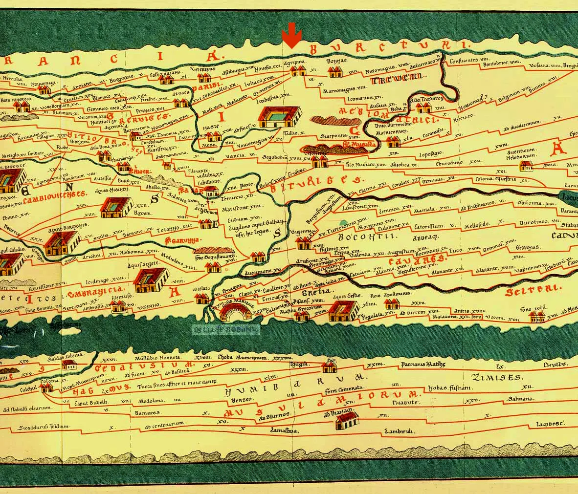 Köln (CCAA, als „Agrippina“) im römischen Straßennetz, Ausschnitt der Tabula Peutingeriana (Faksimile 1887/88)