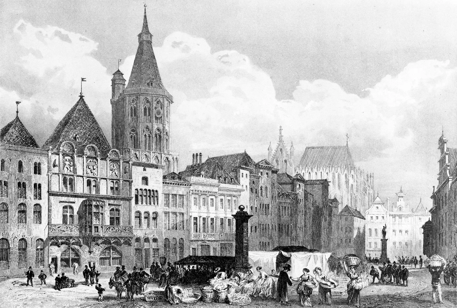 Der Alter Markt in Köln mit Rathaus und Rathausturm, im Hintergrund der noch unvollendete Dom; Stahlstich von Adolphe Rouargue um 1850