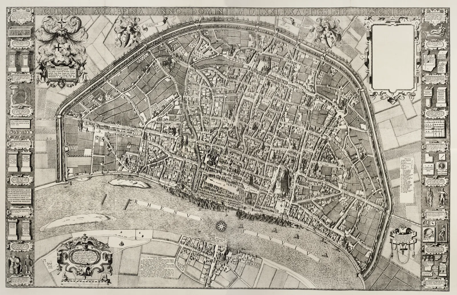 Köln mit seinem mittelalterlichen Mauerring auf dem Stadtplan von Arnold Mercator, 1571