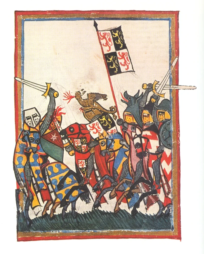 Herzog Johann I. von Brabant, der Sieger der Schlacht von Worringen, in einer Buchmalerei des Codex Manesse (um 1305–1315)