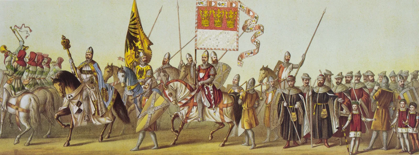 Historischer Festzug zur Vollendung des Kölner Doms am 18. Oktober 1880, kolorierte Lithografie von Tony Avenarius