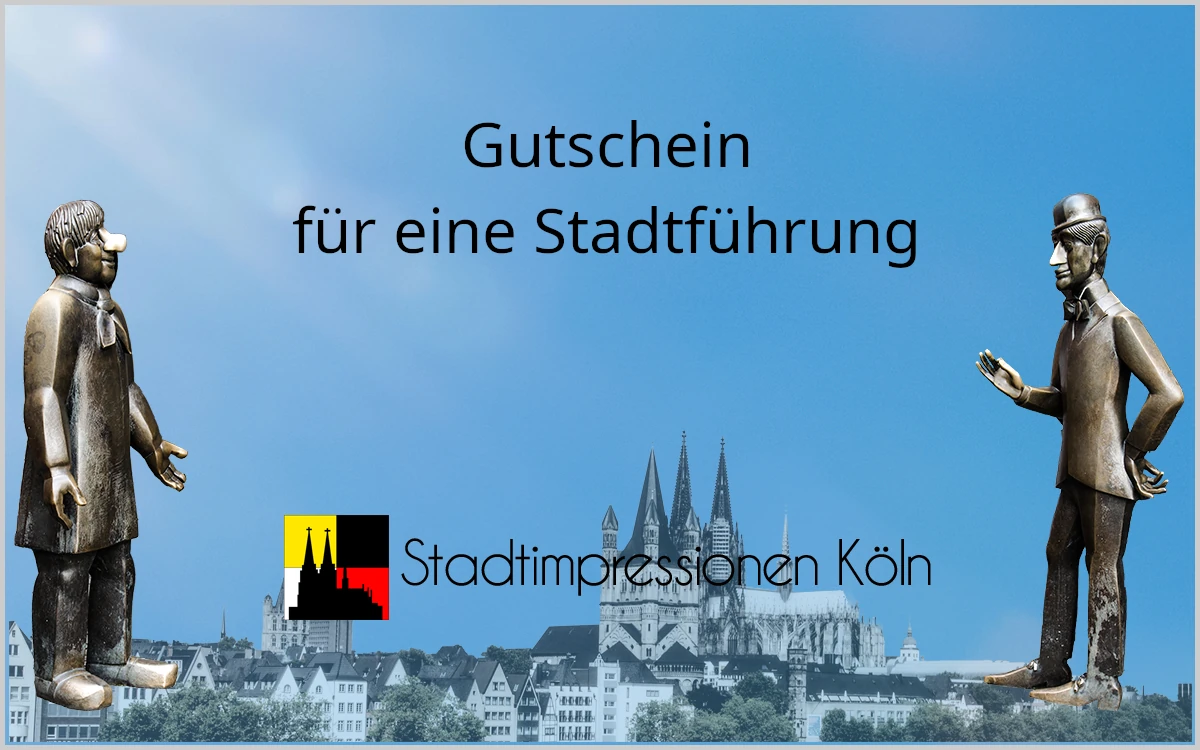 Gutschein für eine private Stadtführung in Köln — Bronze-Figuren vor der Kölner Skyline mit Dom